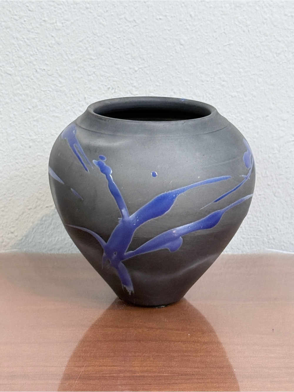 Handmade Studio Artisan Matte Black Ceramic Vase Blue Splatter Glaze Signed 6”